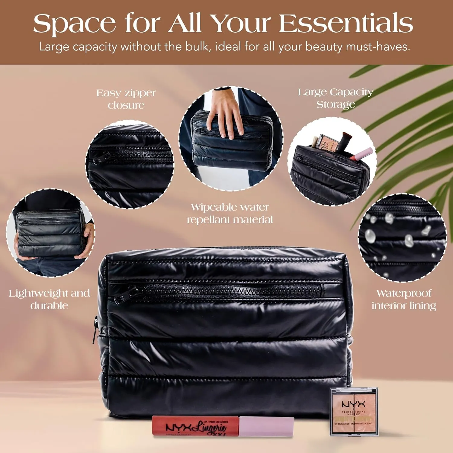 Citi Collective Premium Cosmetic Bag for Women| Makeup Travel Bag, Toiletry Bags for Women| Large Capacity Storage Waterproof Cosmetic Bag for Business, Vacation, or Weekend Traveling (Black)