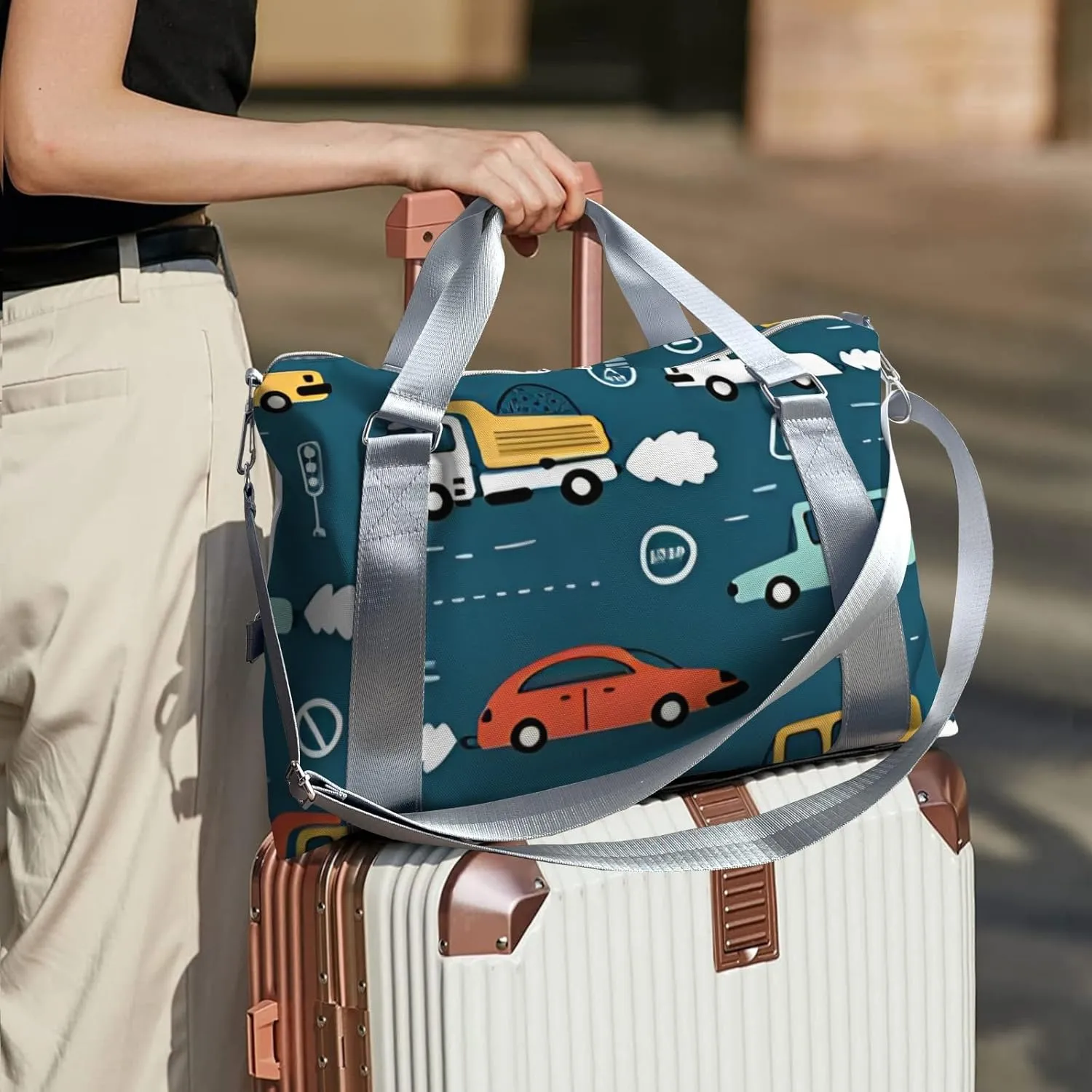 City Car Bus Personalized Gym Dance Bag for Girls Boys,Custom Name Sport Duffel Bag Weekender Bags Carry On Travel Duffel Bag