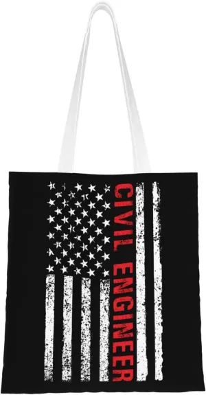 Civil Engineer Usa Flag Tote Bag for Women Canvas Shopping Bags Reusable Beach Bag Grocery Bags Tote Shoulder Bag Gift Bags