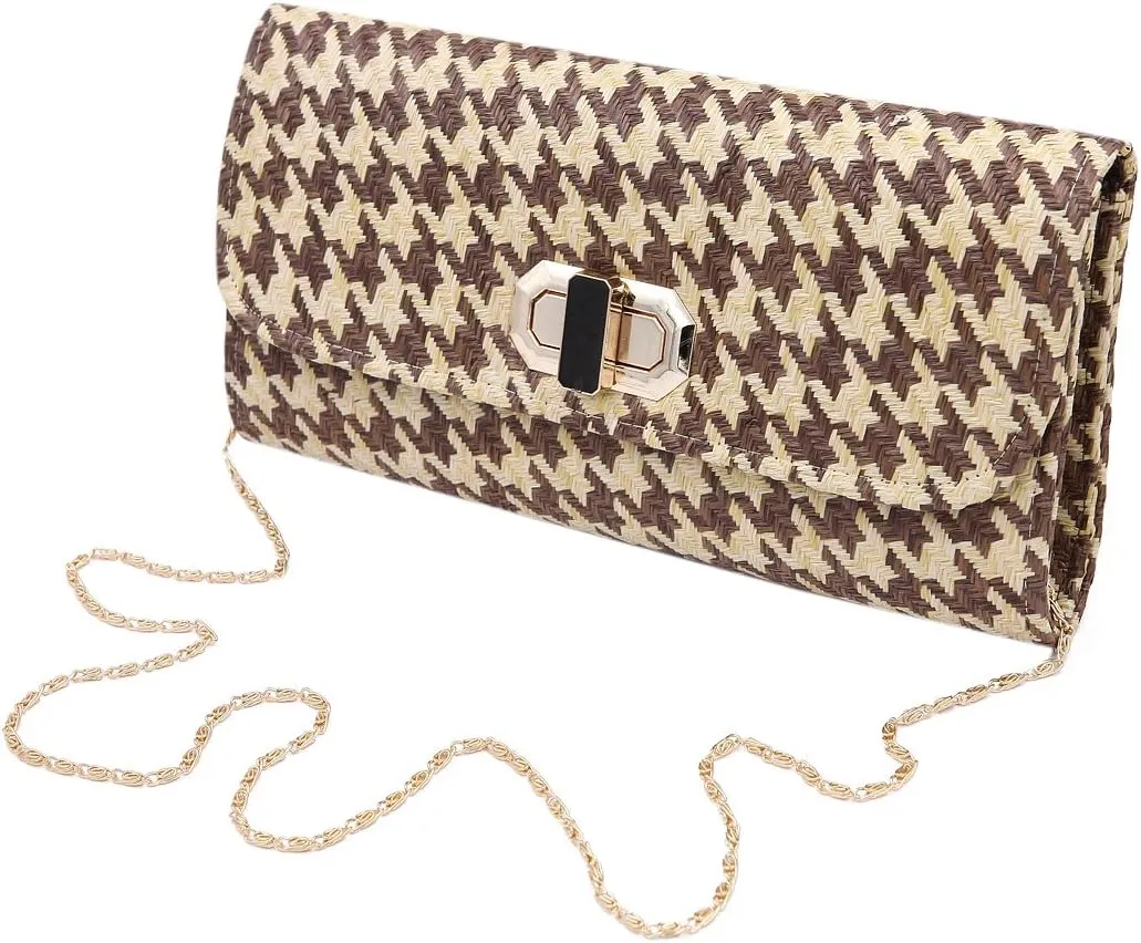 Classic Houndstooth Turnlock Flap Straw Clutch Bag Handbag - Diff Colors