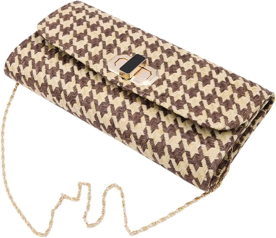 Classic Houndstooth Turnlock Flap Straw Clutch Bag Handbag - Diff Colors