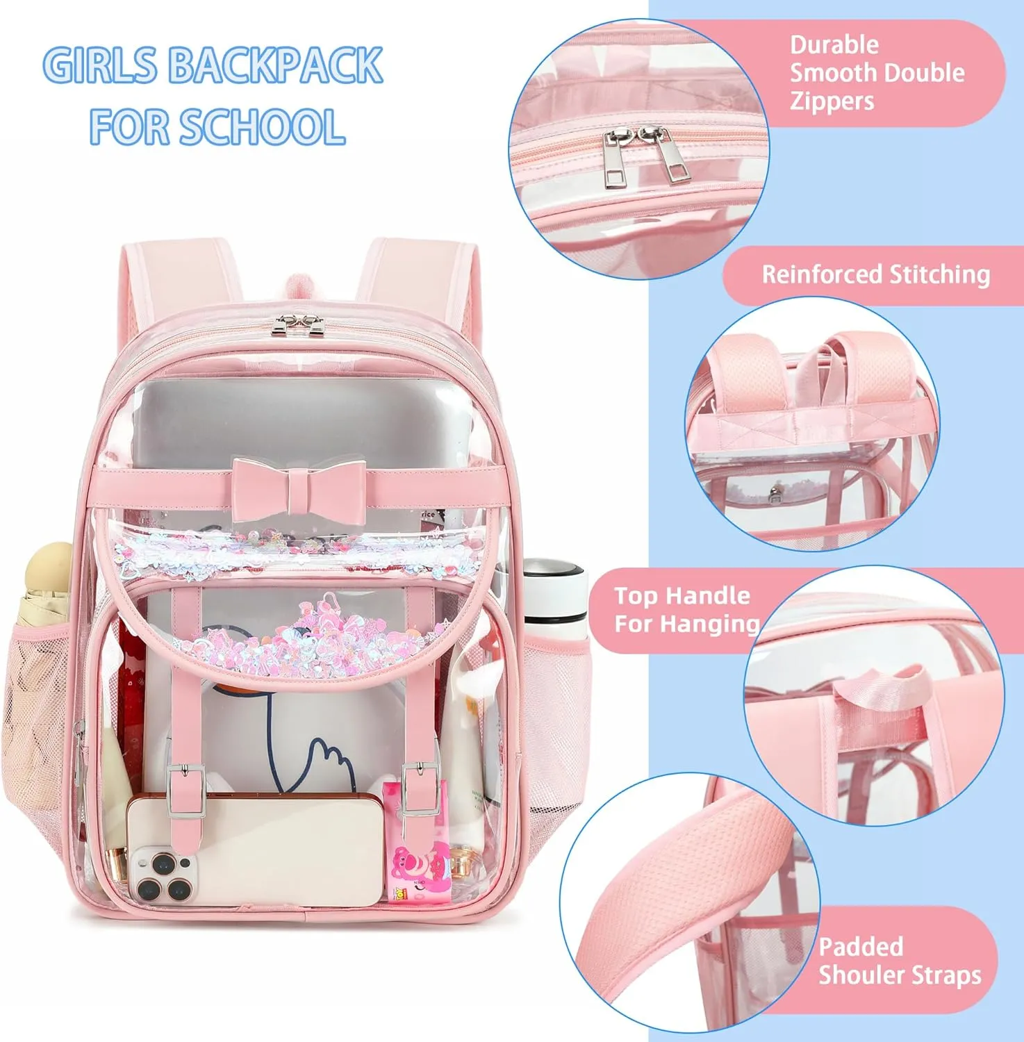 Clear Backpack for School,Heavy Duty PVC Transparent Bookbag for Girls Women Stadium Approved See Through Backpacks Kids Elementary Laptop Bags for Teens,Sports,Students,Work,Travel Pink