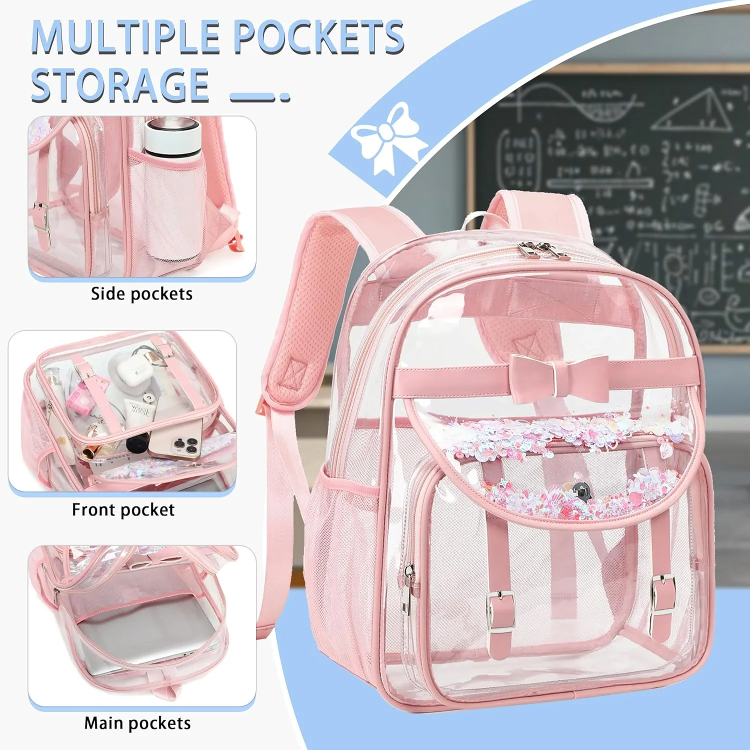Clear Backpack for School,Heavy Duty PVC Transparent Bookbag for Girls Women Stadium Approved See Through Backpacks Kids Elementary Laptop Bags for Teens,Sports,Students,Work,Travel Pink