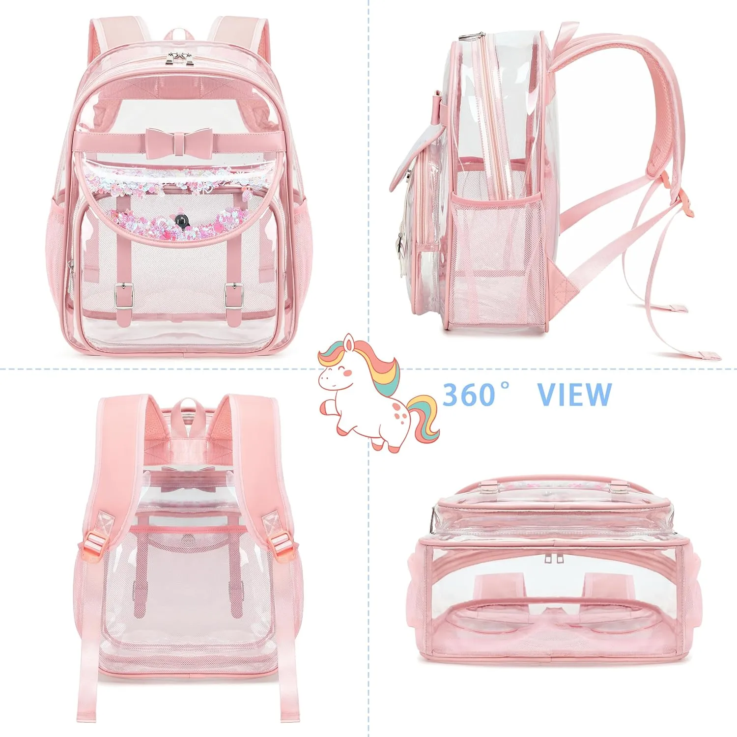 Clear Backpack for School,Heavy Duty PVC Transparent Bookbag for Girls Women Stadium Approved See Through Backpacks Kids Elementary Laptop Bags for Teens,Sports,Students,Work,Travel Pink
