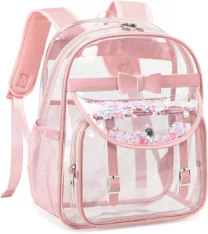 Clear Backpack for School,Heavy Duty PVC Transparent Bookbag for Girls Women Stadium Approved See Through Backpacks Kids Elementary Laptop Bags for Teens,Sports,Students,Work,Travel Pink