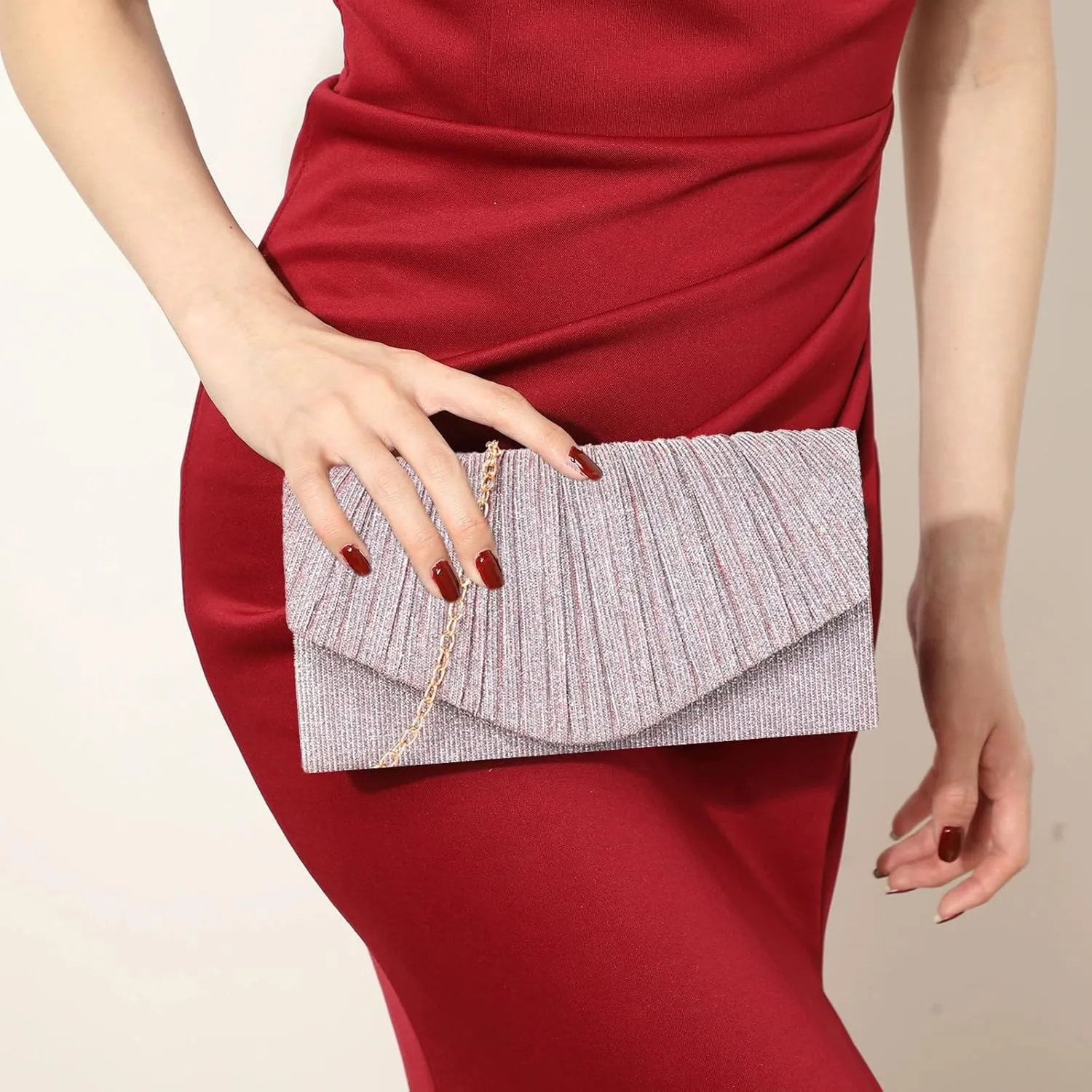 Clutch Purses for Women, Glitter Evening Bag with Chain Strap, Formal Pleated Design for Wedding, Cocktail, Party