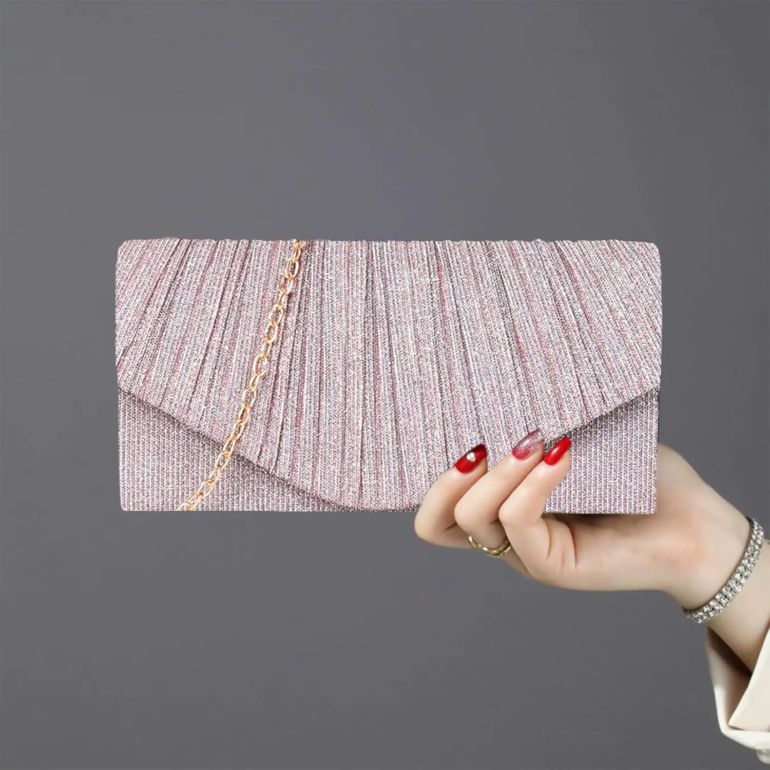 Clutch Purses for Women, Glitter Evening Bag with Chain Strap, Formal Pleated Design for Wedding, Cocktail, Party