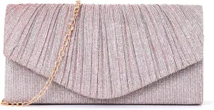 Clutch Purses for Women, Glitter Evening Bag with Chain Strap, Formal Pleated Design for Wedding, Cocktail, Party