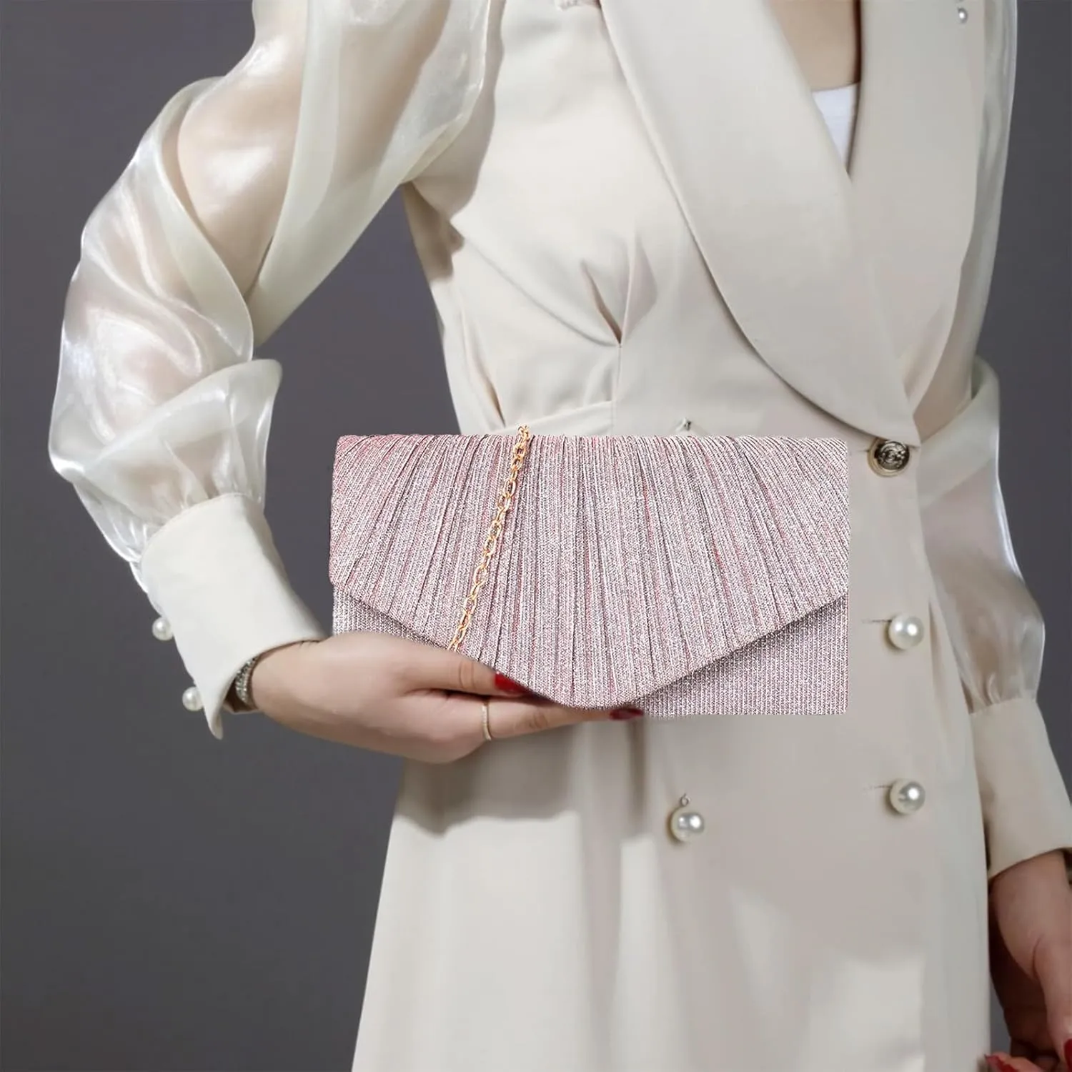 Clutch Purses for Women, Glitter Evening Bag with Chain Strap, Formal Pleated Design for Wedding, Cocktail, Party
