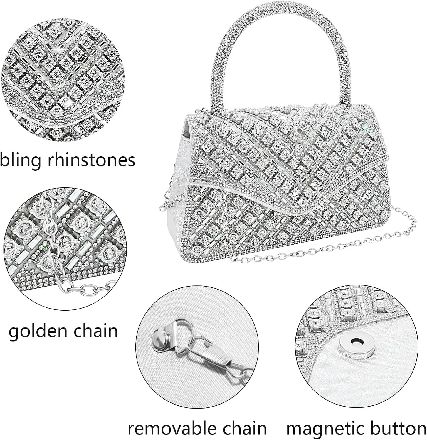 Clutch Purses for Women Sparkly Rhinestones Purses and Handbags for Wedding Party Evening Crossbody Bag with Chain