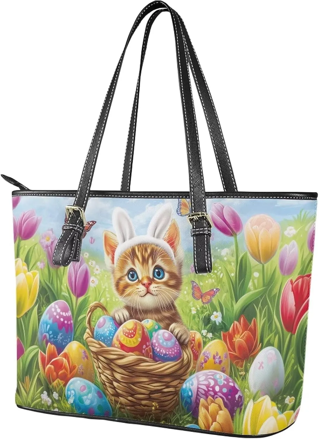 Coldinair Christmas Leather Tote Bag for Women with Zipper Large Shoulder Tote Bag Shopping Casual Travel Bag Handbag Purse
