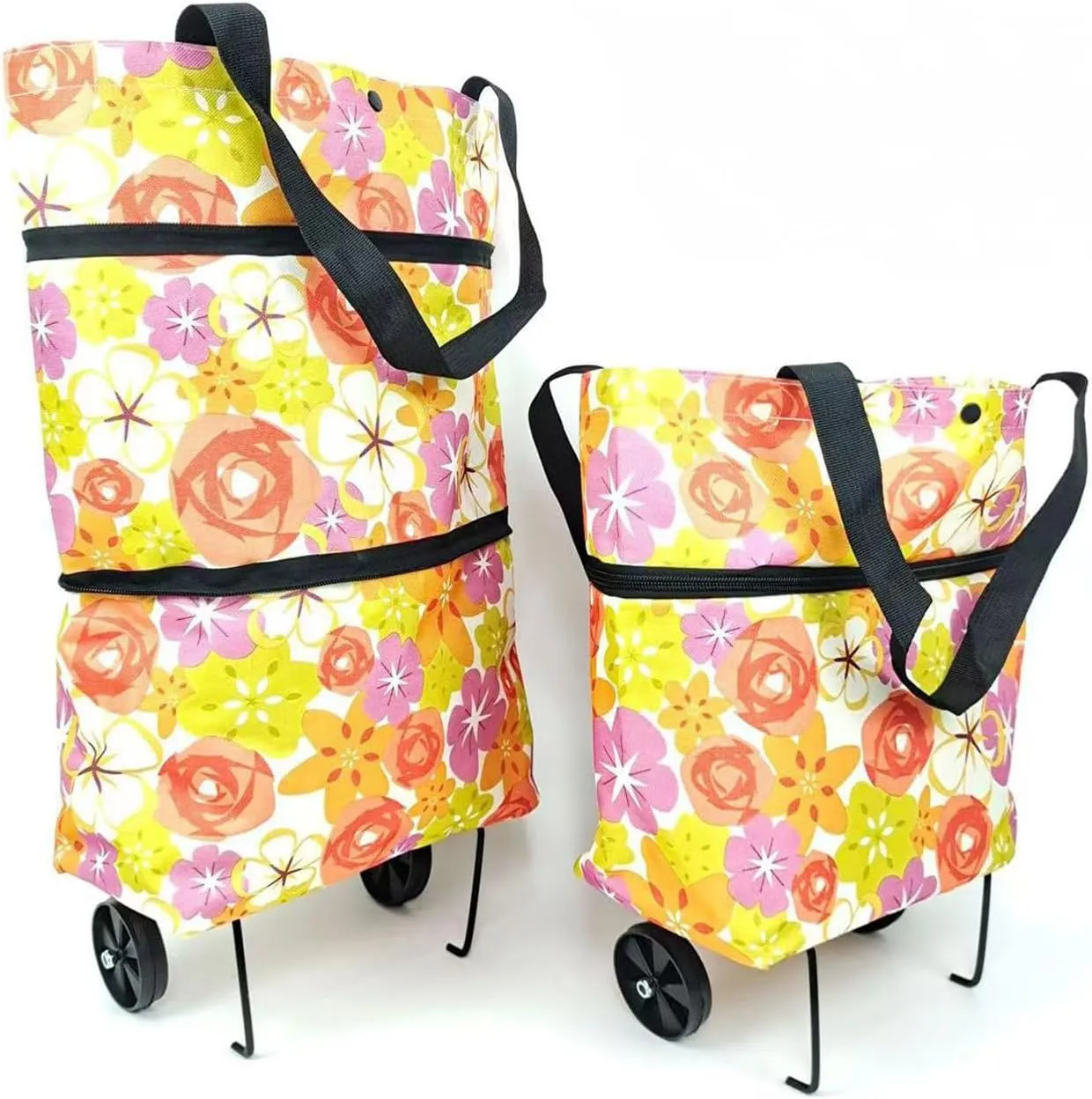 Collapsible Shopping Grocery Bag with Wheels Rolling Tote Bag with Wheels Large Reusable Shopping Bags Foldable Cart(Chrysanthemum,Large)