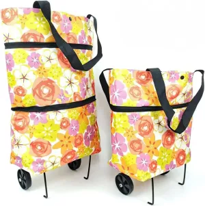 Collapsible Shopping Grocery Bag with Wheels Rolling Tote Bag with Wheels Large Reusable Shopping Bags Foldable Cart(Chrysanthemum,Large)