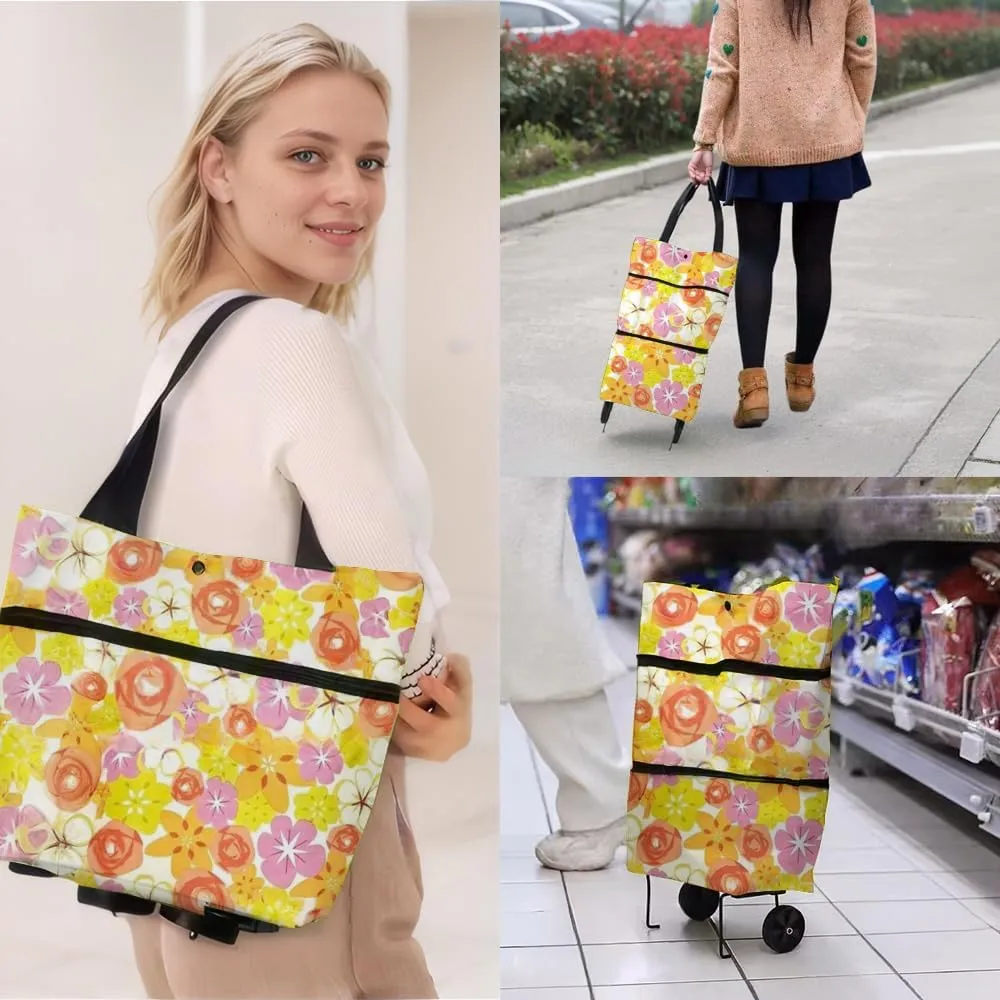 Collapsible Shopping Grocery Bag with Wheels Rolling Tote Bag with Wheels Large Reusable Shopping Bags Foldable Cart(Chrysanthemum,Large)