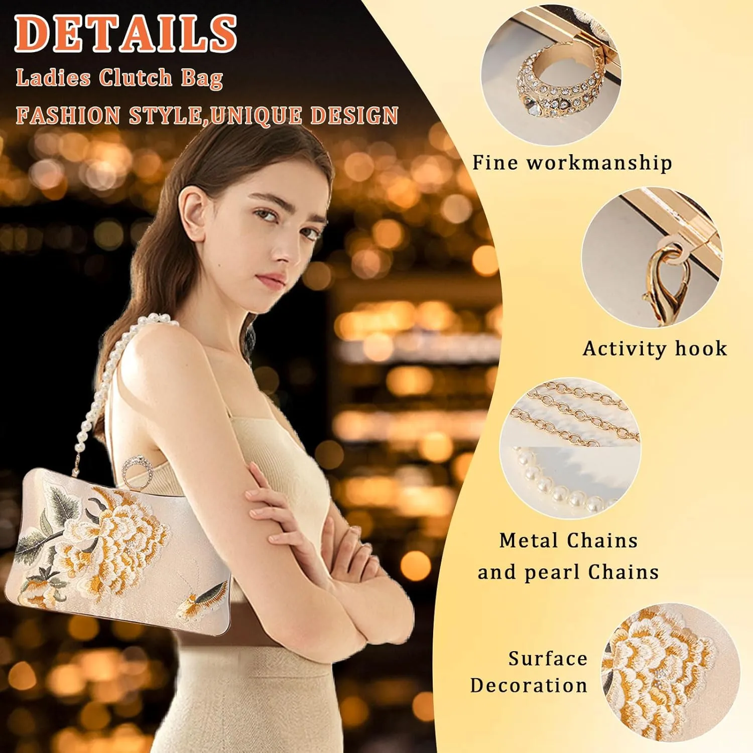 Comeon Floral Evening Bag for Women,Flower Evening Clutch Purse Elegant Banquet Handbag Bride Clutch Bag with Pearl Chain