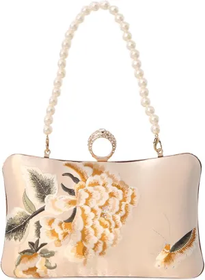 Comeon Floral Evening Bag for Women,Flower Evening Clutch Purse Elegant Banquet Handbag Bride Clutch Bag with Pearl Chain