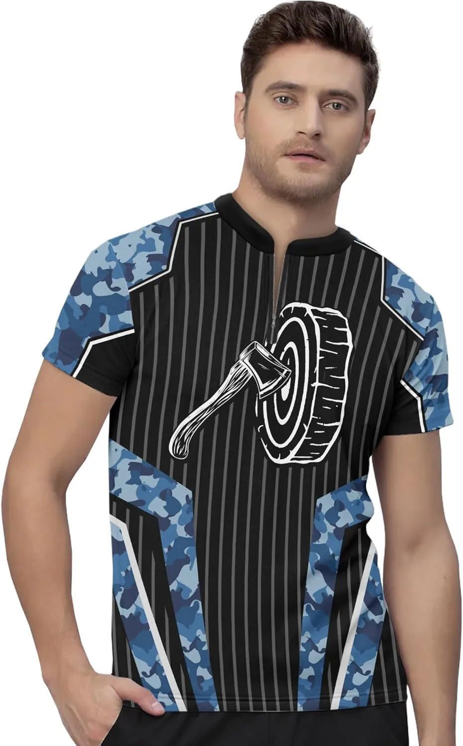 Cool Axe Throwing Team Zip Up Jerseys with Throw A Axe Personalized Zipper Tee with Band Collar for Hatchet Thrower