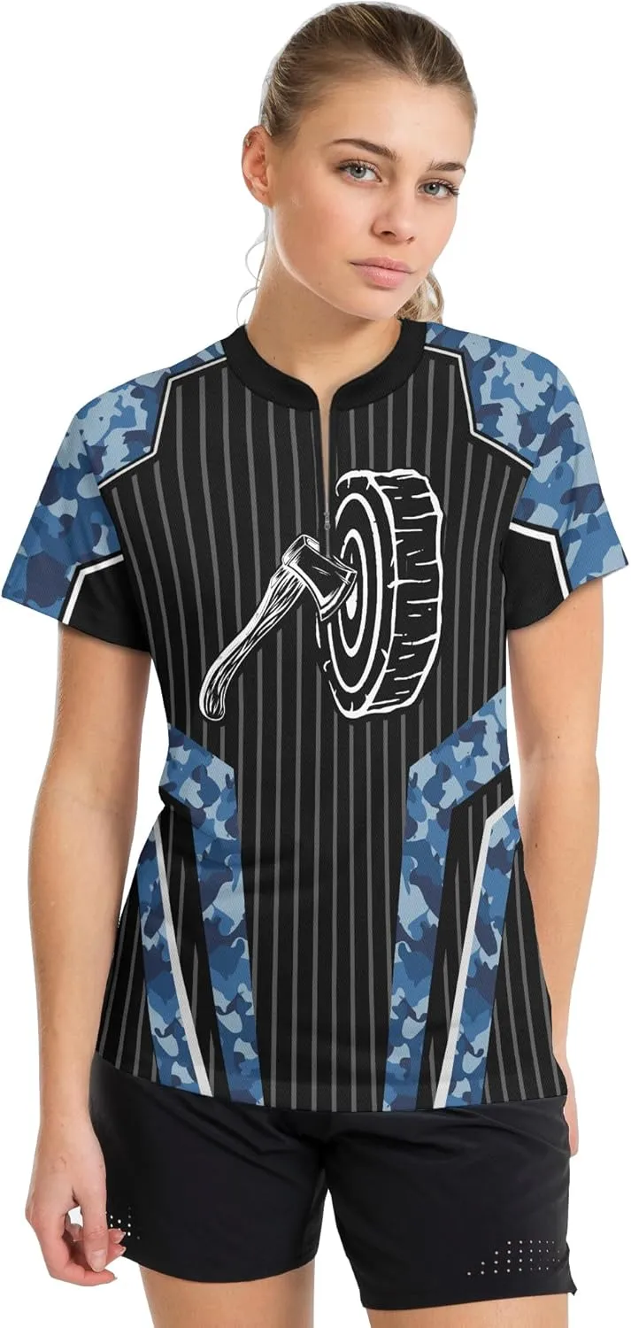 Cool Axe Throwing Team Zip Up Jerseys with Throw A Axe Personalized Zipper Tee with Band Collar for Hatchet Thrower
