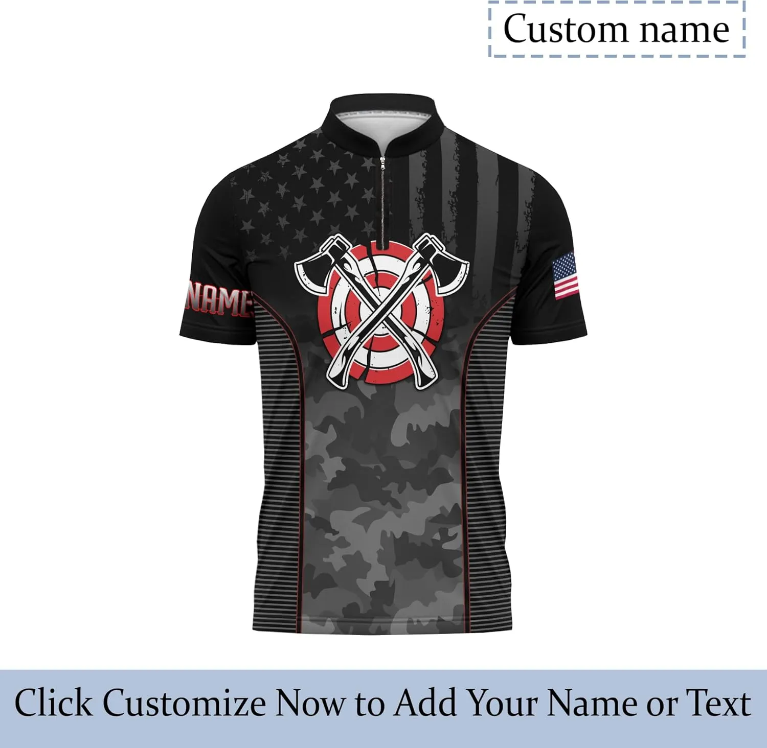 Cool Axe Throwing Theme Zip Jerseys with USA Flag Custom Zipper Tshirt with Stand Collar for Camoufalge Lover