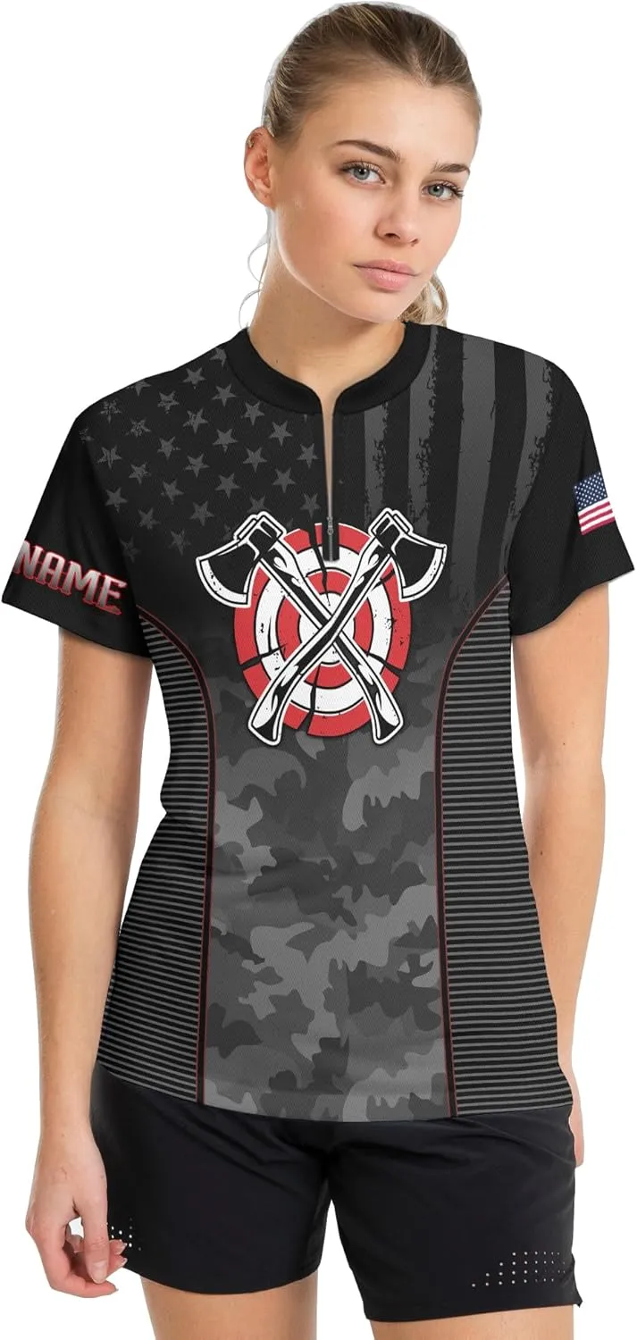 Cool Axe Throwing Theme Zip Jerseys with USA Flag Custom Zipper Tshirt with Stand Collar for Camoufalge Lover