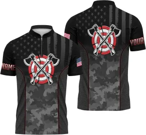 Cool Axe Throwing Theme Zip Jerseys with USA Flag Custom Zipper Tshirt with Stand Collar for Camoufalge Lover