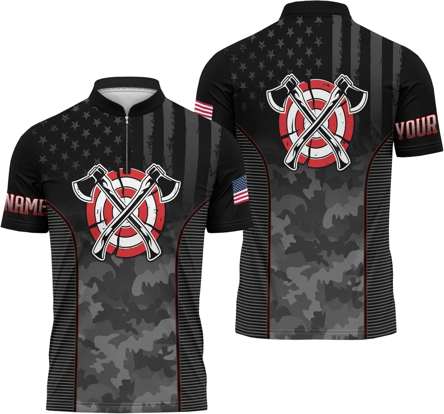 Cool Axe Throwing Theme Zip Jerseys with USA Flag Custom Zipper Tshirt with Stand Collar for Camoufalge Lover