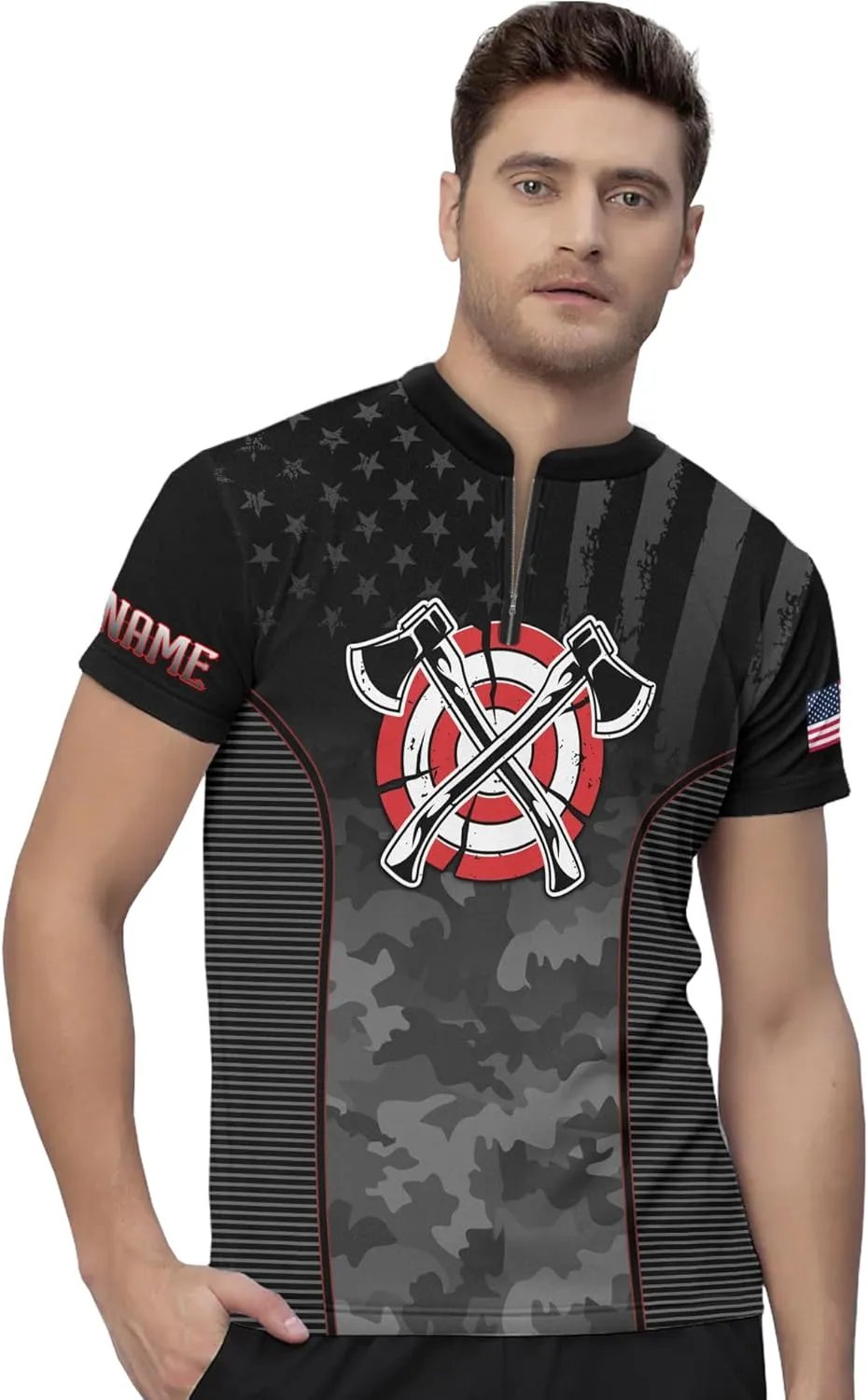 Cool Axe Throwing Theme Zip Jerseys with USA Flag Custom Zipper Tshirt with Stand Collar for Camoufalge Lover