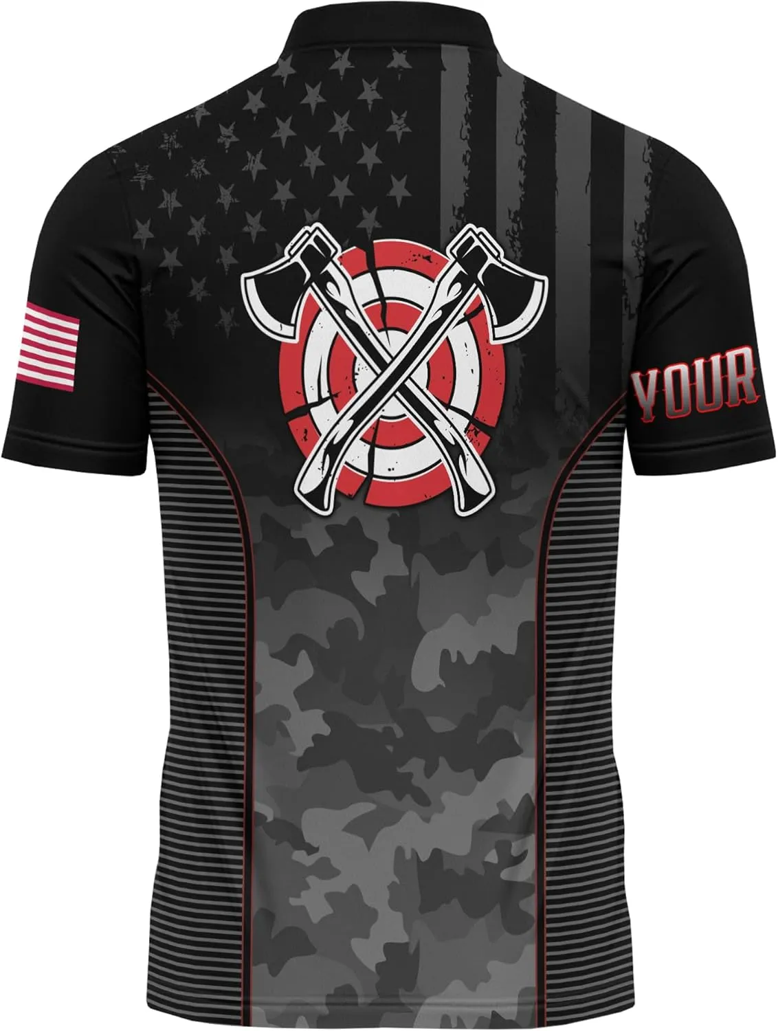 Cool Axe Throwing Theme Zip Jerseys with USA Flag Custom Zipper Tshirt with Stand Collar for Camoufalge Lover