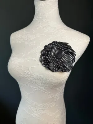 Corsage Flower, Pin on, Black White Spot, 5” Wide, Satin Fabric Pin on Corsage, Bridal, Clothing, Accessory, Fashion, Gift, FAN Design