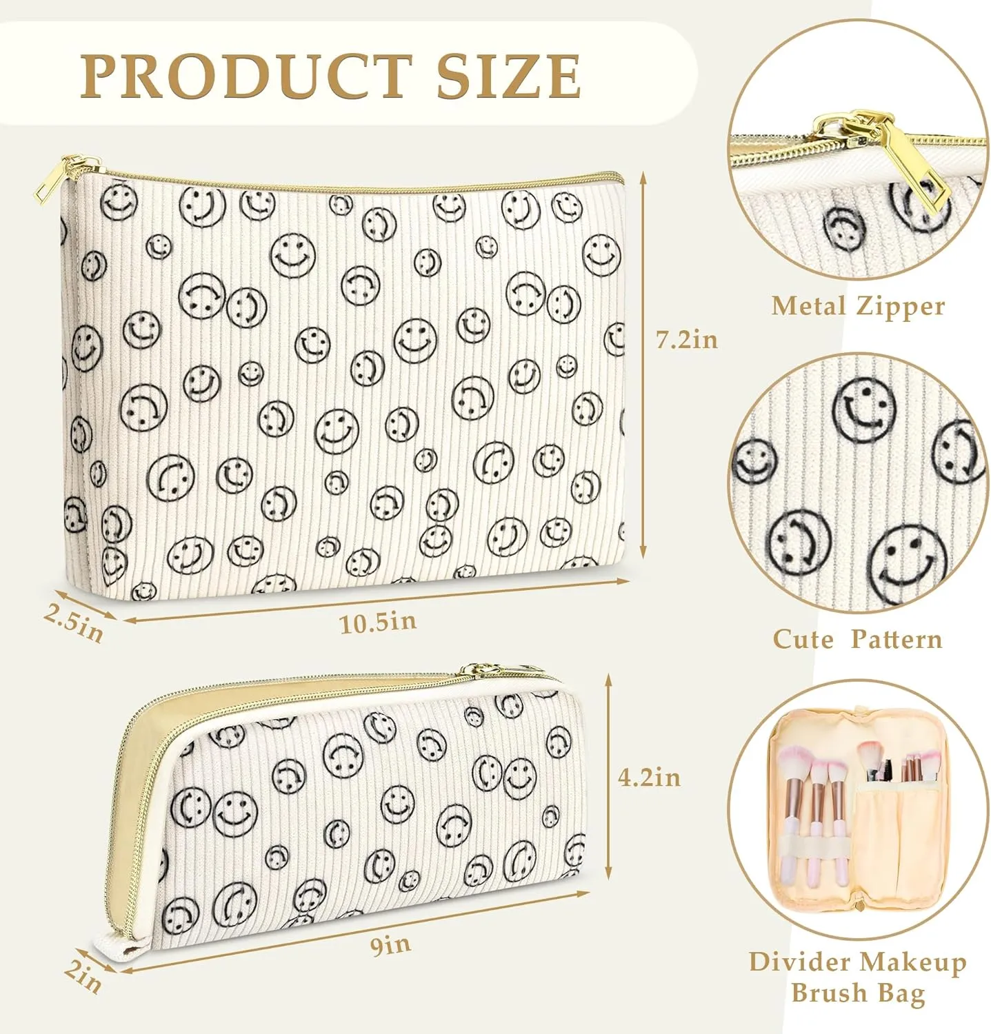 Cosmetis Bag Makeup Bag for Women, Gifts for Girls Stuff Bag, Corduroy Smile Cute Travel Make up Bag Toiletry Bag Girlfriend Teacher Gifts Birthday Gift for Her
