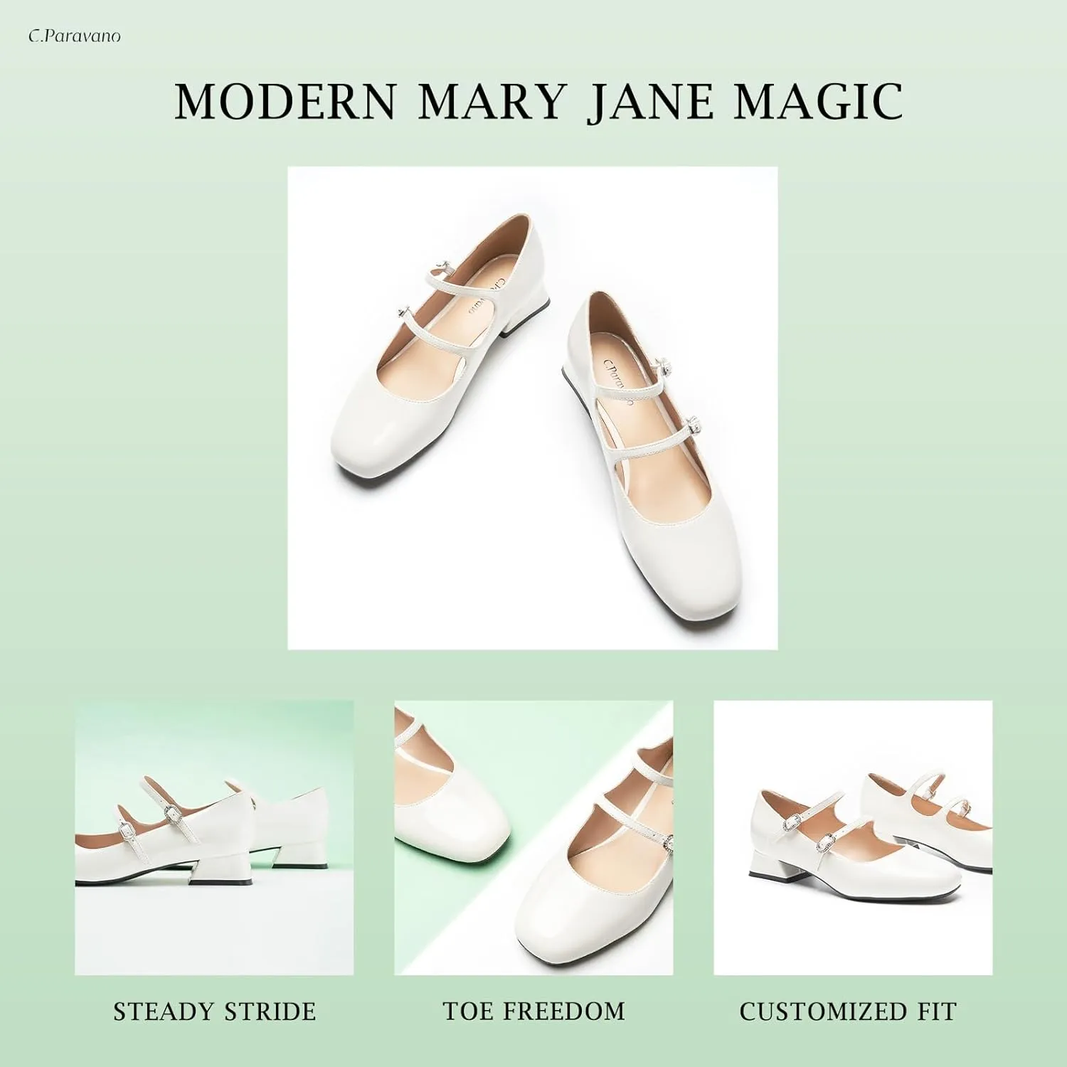 C.Paravano Women Mary Jane Low Block Heels - Square Toe Double Strap Dress Shoes Work Pumps Comfortable for Daily Wear, Office, Party, Wedding, Dating, Spring/Summer Events, Formal/Casual Occasions