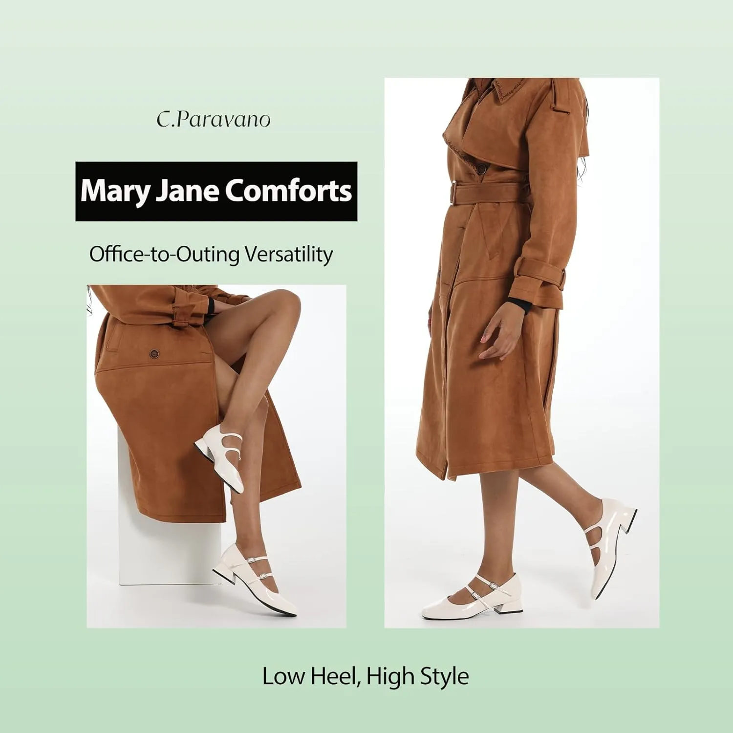 C.Paravano Women Mary Jane Low Block Heels - Square Toe Double Strap Dress Shoes Work Pumps Comfortable for Daily Wear, Office, Party, Wedding, Dating, Spring/Summer Events, Formal/Casual Occasions