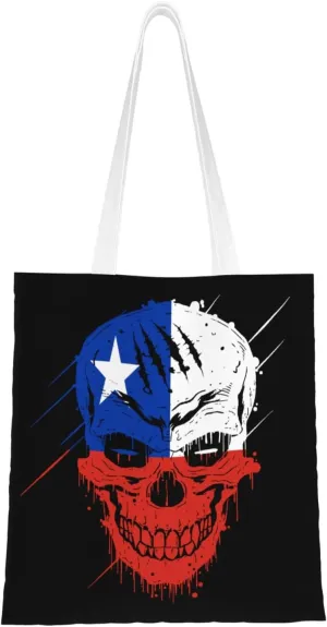 Creative Chile Patriot Skull National Flag Tote Bag for Women Canvas Shopping Bags Reusable Large Capacity Casual Shoulder Handbags Grocery Bags DIY Gift Bags