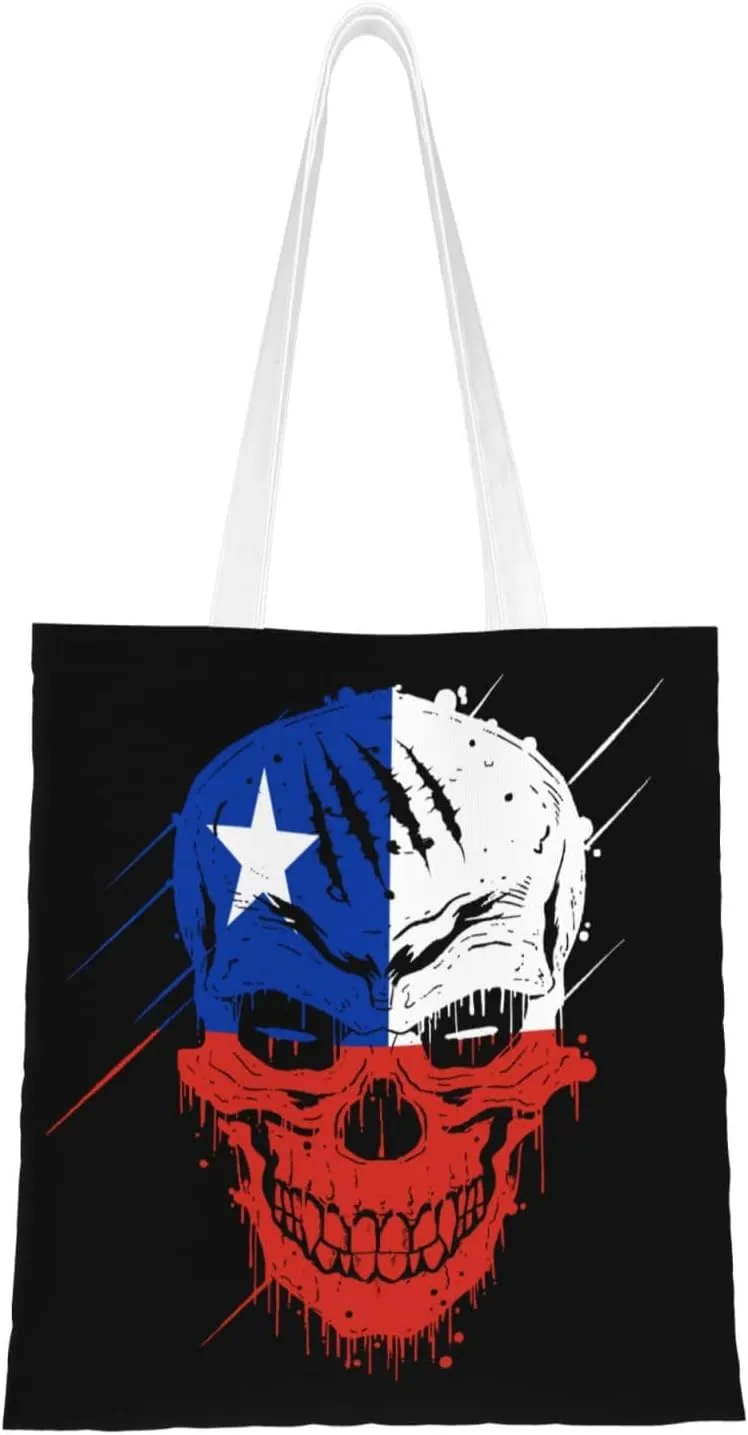 Creative Chile Patriot Skull National Flag Tote Bag for Women Canvas Shopping Bags Reusable Large Capacity Casual Shoulder Handbags Grocery Bags DIY Gift Bags