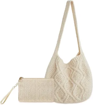 Crochet Bag for Women Crochet Tote Bag with Wristlet Wallet Bohemian Aesthetic Shoulder Handbag for Women Summer Beach(Elegant Style)