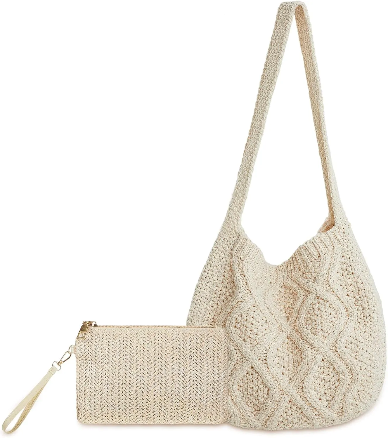 Crochet Bag for Women Crochet Tote Bag with Wristlet Wallet Bohemian Aesthetic Shoulder Handbag for Women Summer Beach(Elegant Style)