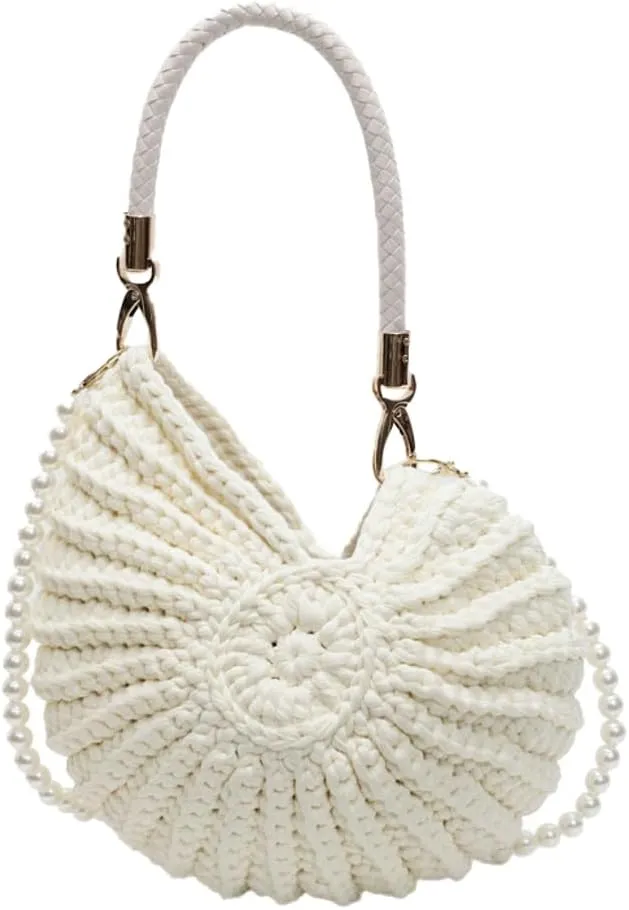 Crochet Seashell Purse with Pearl Chain Handwoven Evening Bag Knit Shell Shaped Wristlet Purse Crossbody Handbag Beach Bag