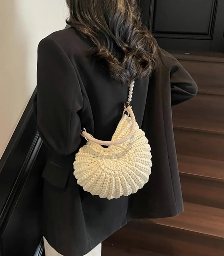 Crochet Seashell Purse with Pearl Chain Handwoven Evening Bag Knit Shell Shaped Wristlet Purse Crossbody Handbag Beach Bag