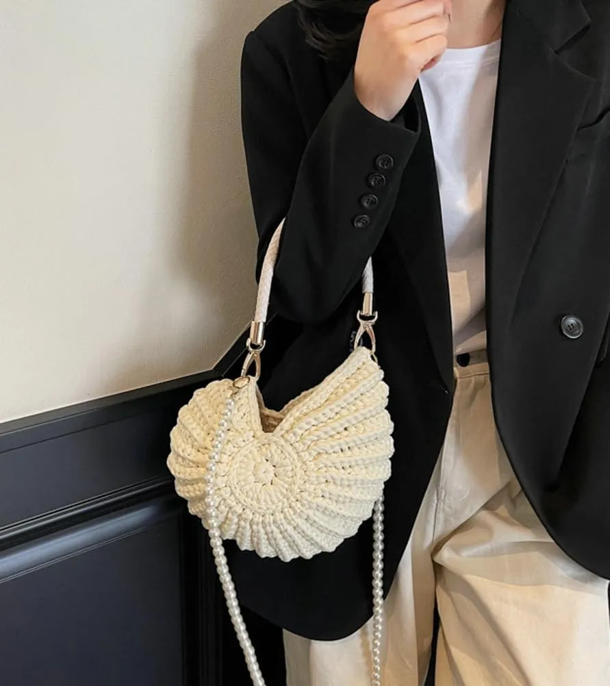Crochet Seashell Purse with Pearl Chain Handwoven Evening Bag Knit Shell Shaped Wristlet Purse Crossbody Handbag Beach Bag
