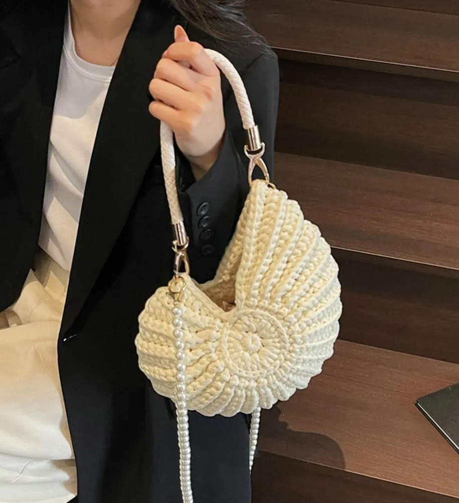 Crochet Seashell Purse with Pearl Chain Handwoven Evening Bag Knit Shell Shaped Wristlet Purse Crossbody Handbag Beach Bag