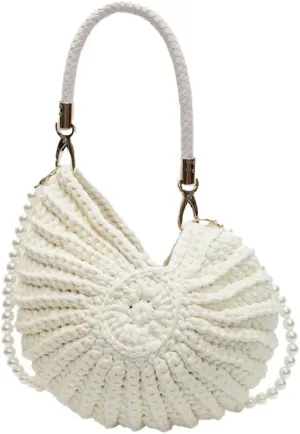 Crochet Seashell Purse with Pearl Chain Handwoven Evening Bag Knit Shell Shaped Wristlet Purse Crossbody Handbag Beach Bag