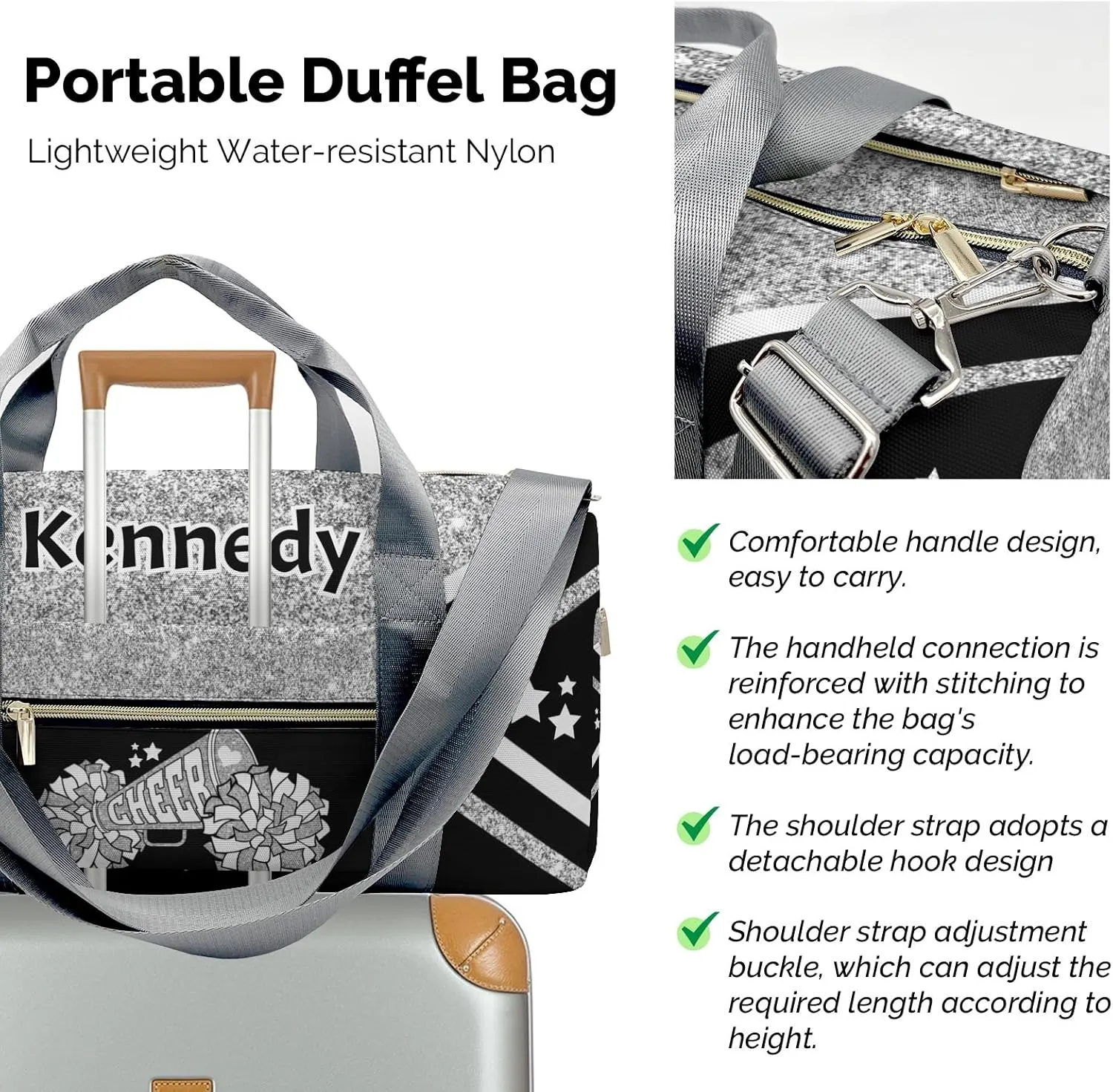 Custom Cheer Cheerleader Grey Print Multifunction Sport Duffel Bag Gym Travel Perform Training Weekender Bags Getaway Bags