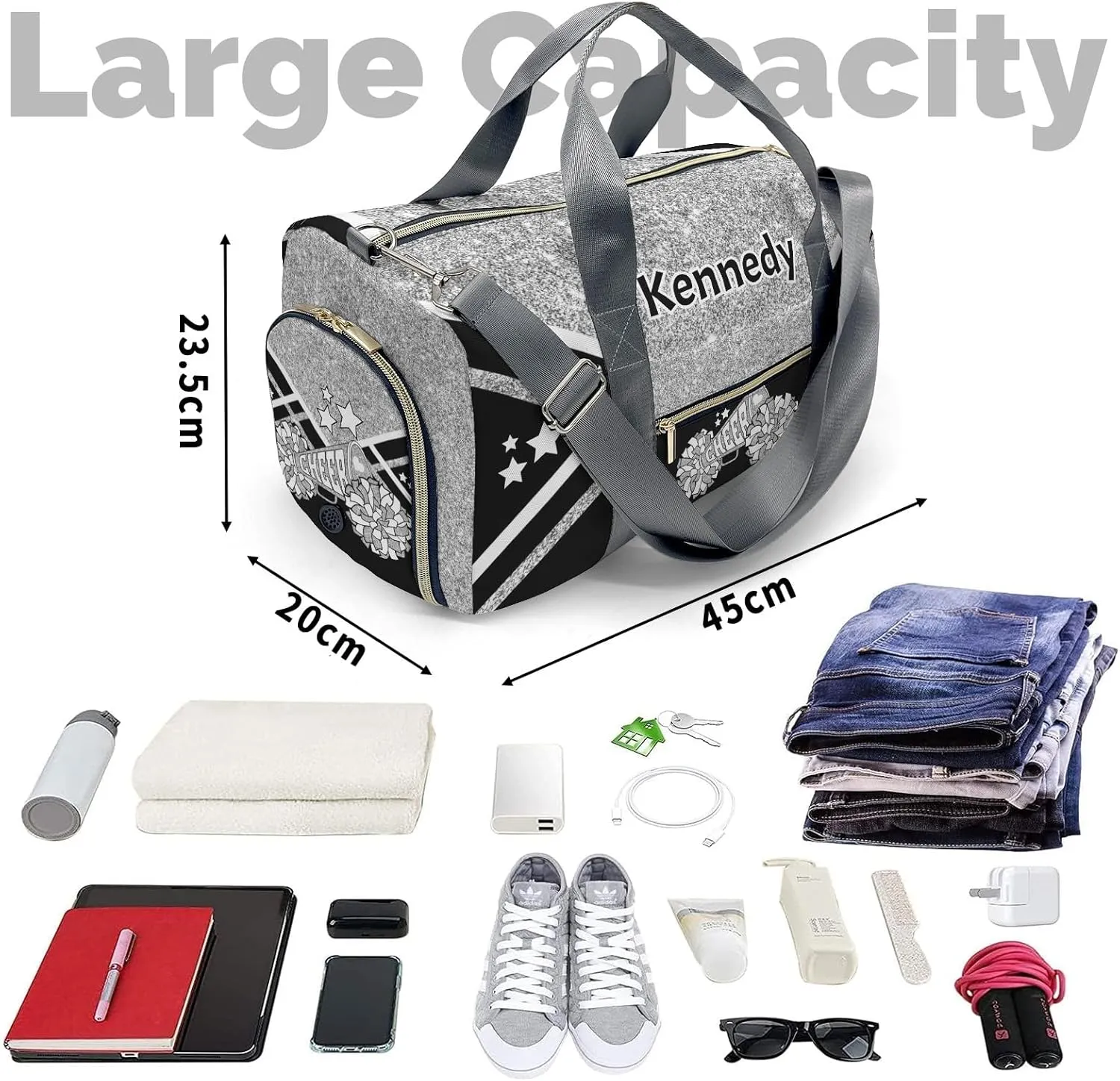 Custom Cheer Cheerleader Grey Print Multifunction Sport Duffel Bag Gym Travel Perform Training Weekender Bags Getaway Bags