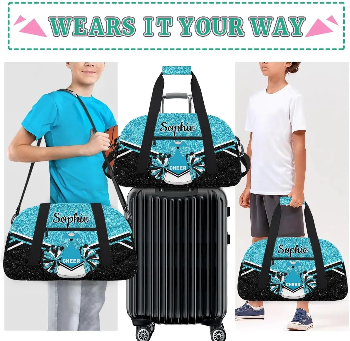 Custom Cheer Sport Duffel Bags Personalized Cheerleader Bag with Name Customized Gymnastics Dance Travel Bag Dance Bag Overnight Weekender Bags, Teal Sparkly Glitter