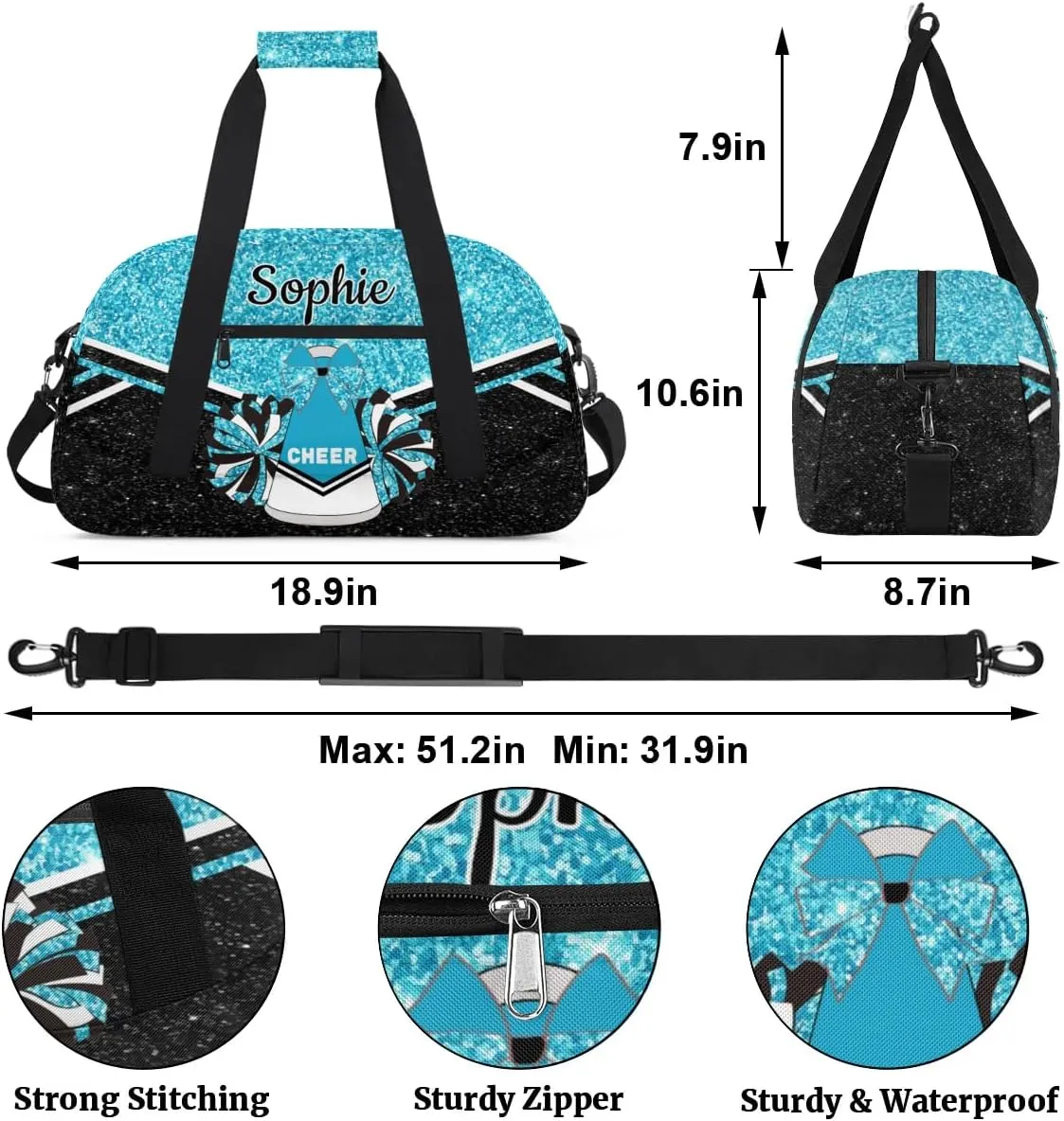 Custom Cheer Sport Duffel Bags Personalized Cheerleader Bag with Name Customized Gymnastics Dance Travel Bag Dance Bag Overnight Weekender Bags, Teal Sparkly Glitter