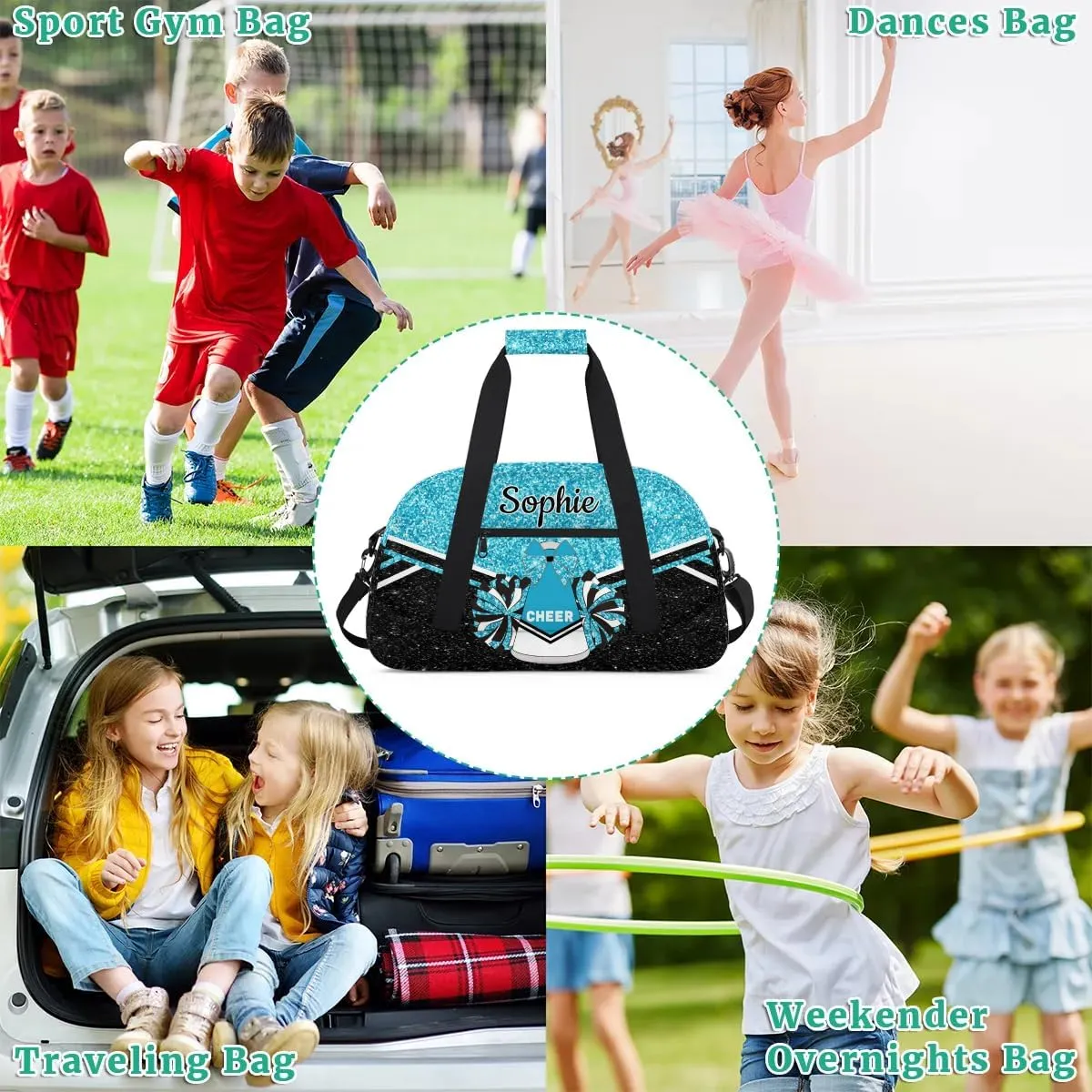 Custom Cheer Sport Duffel Bags Personalized Cheerleader Bag with Name Customized Gymnastics Dance Travel Bag Dance Bag Overnight Weekender Bags, Teal Sparkly Glitter