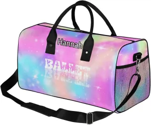 Custom Dance Duffel Bag with Name Personalized Dance Ballet Bags Waterproof Customized Travel Bag Carry-On Tote 17.4in, Rainbow Sparkly