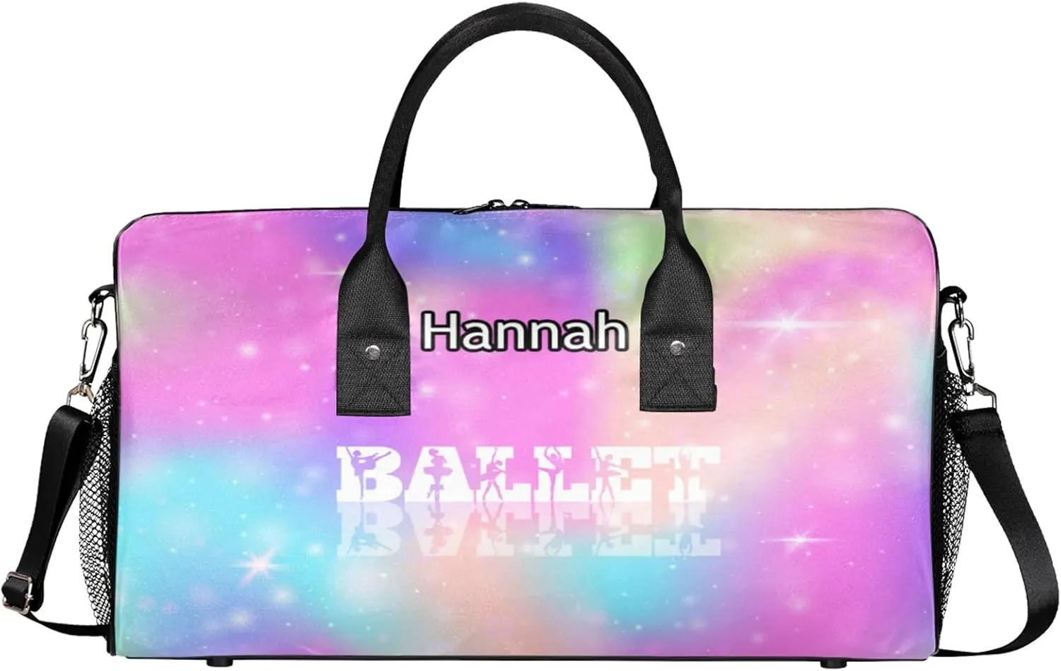 Custom Dance Duffel Bag with Name Personalized Dance Ballet Bags Waterproof Customized Travel Bag Carry-On Tote 17.4in, Rainbow Sparkly