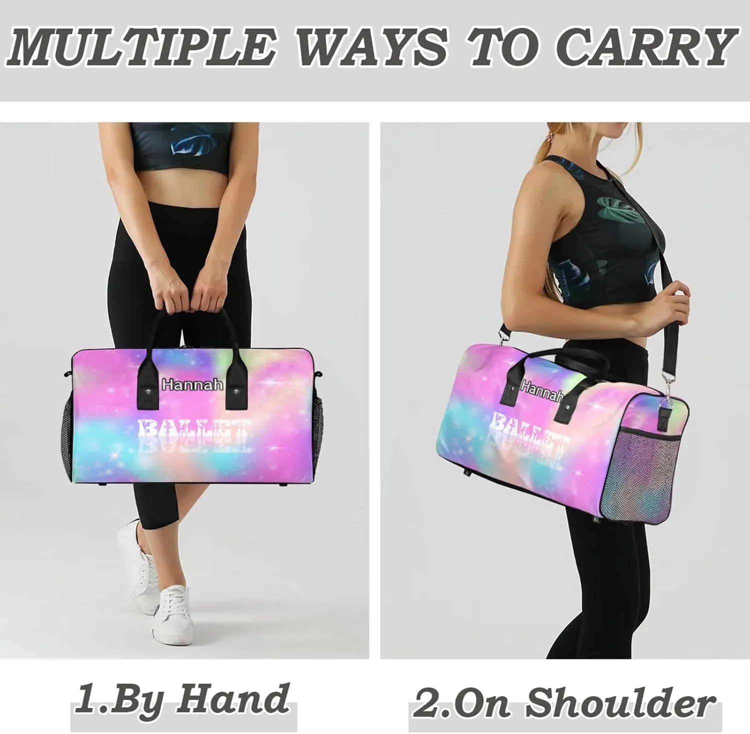 Custom Dance Duffel Bag with Name Personalized Dance Ballet Bags Waterproof Customized Travel Bag Carry-On Tote 17.4in, Rainbow Sparkly