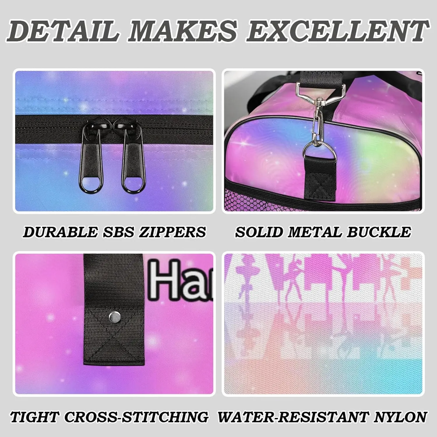 Custom Dance Duffel Bag with Name Personalized Dance Ballet Bags Waterproof Customized Travel Bag Carry-On Tote 17.4in, Rainbow Sparkly